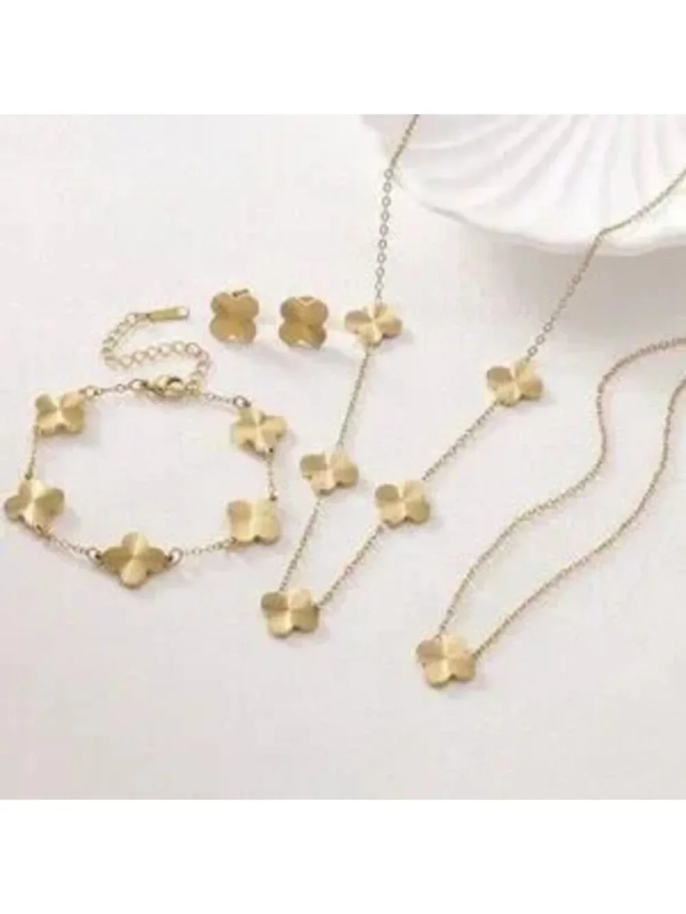 Gold Stainless Steel Clover Necklace, Bracelet Earring Set C 4-Piece